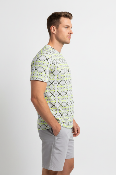 Grid Pulse Tee with grey board shorts side view