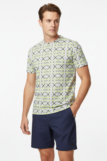 Grid Pulse Tee with navy board shorts angle