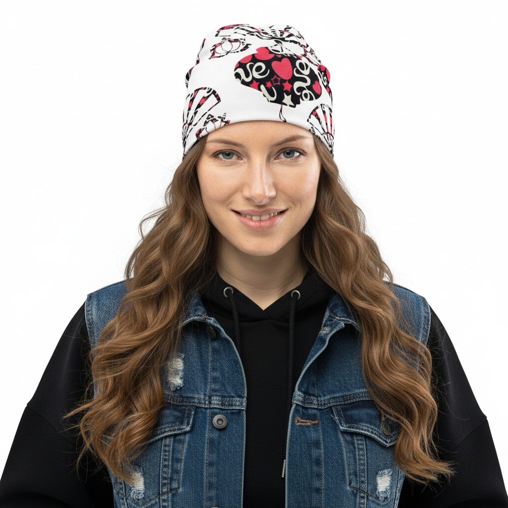 Heart Print Beanie Look 12