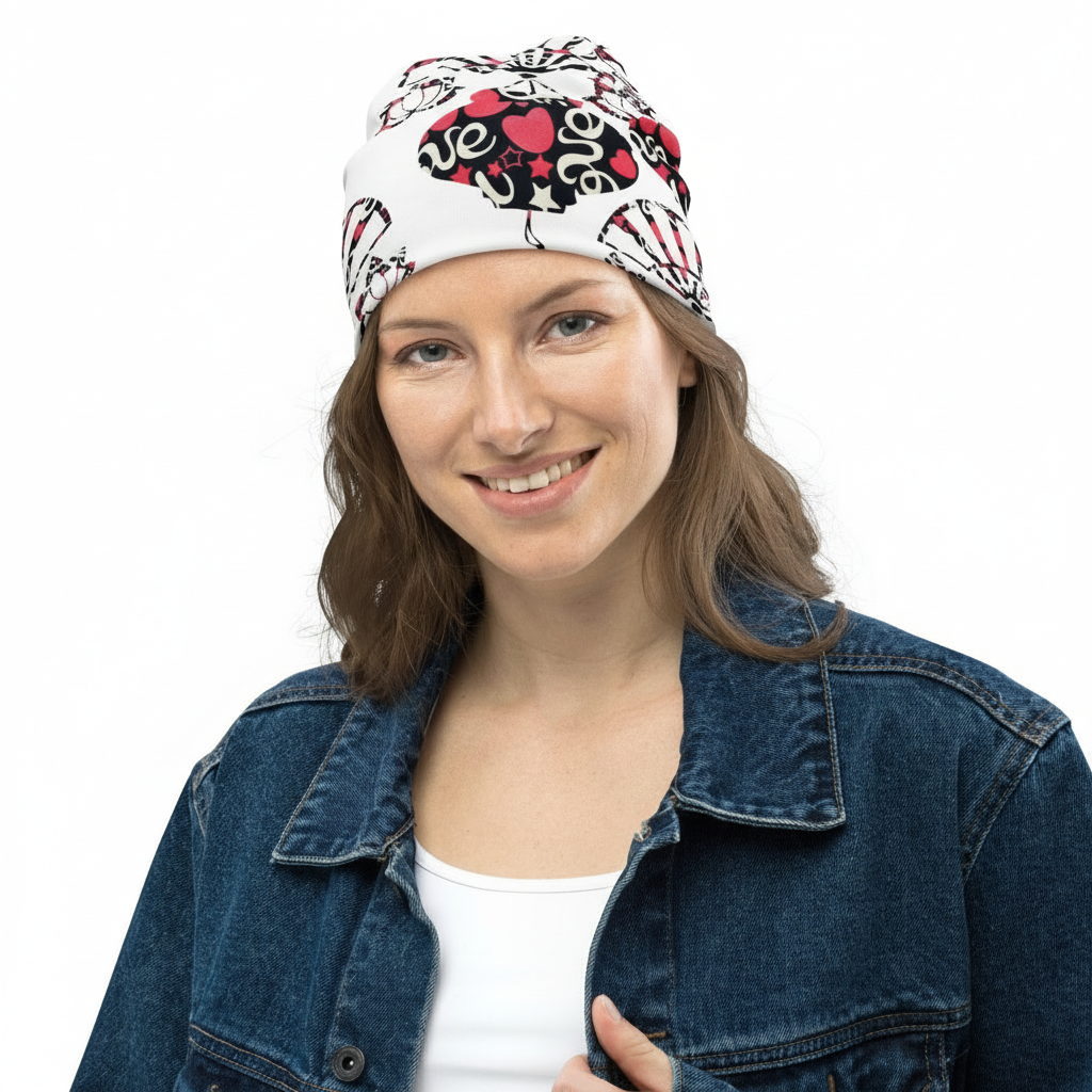 Heart Print Beanie Look 7