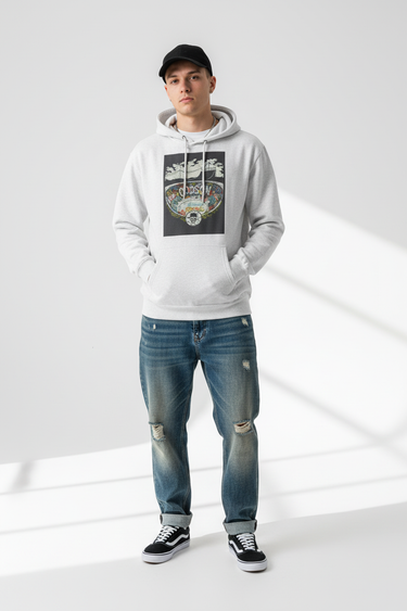 Heather grey hoodie front with hands in pocket