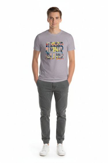 Heather grey tropical tee with charcoal joggers