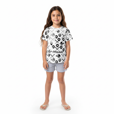 Hispanic girl in My Favorite Hobbies tee with gray shorts on white background