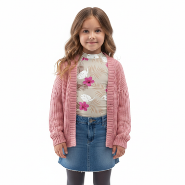 Hispanic girl in rash guard with cardigan on white background