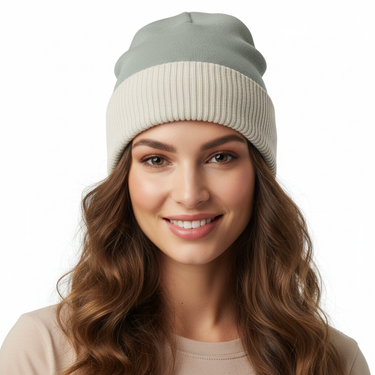 Female model wearing Greys sage green knitted beanie - front view