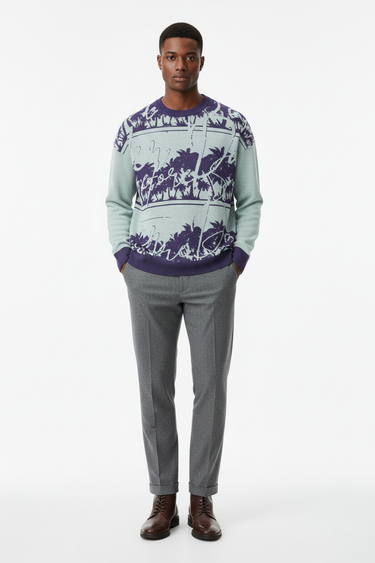 Tropical palm sweater with grey wool trousers for smart-casual look