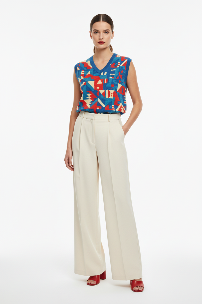 Geometric tribal vest with wide-leg trousers for contemporary polished style