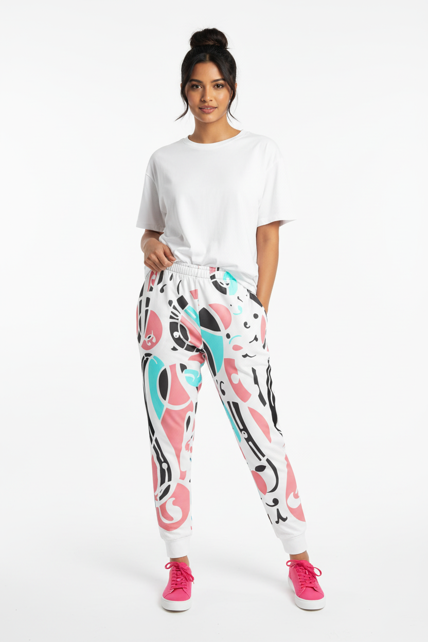 Model wearing Abstract Chain Recycled Joggers with oversized white tee