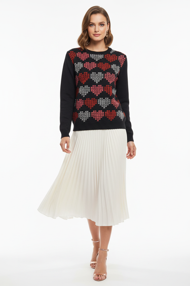 Geometric hearts sweater with pleated midi skirt for feminine polished look