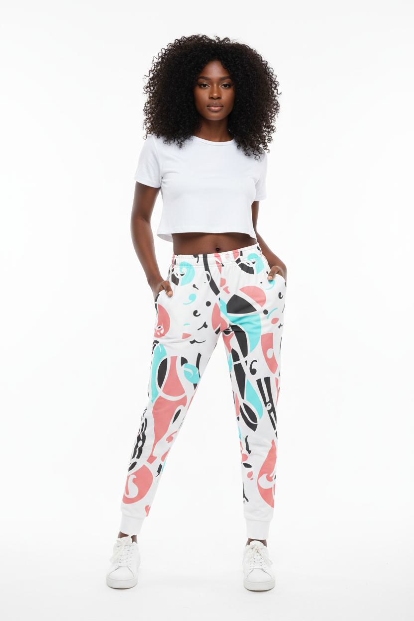 Model wearing Abstract Chain Recycled Joggers with white crop top