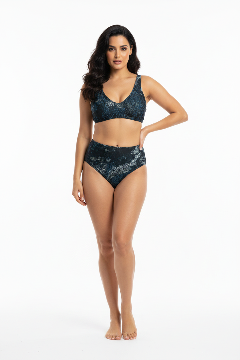 Model wearing textured high-waisted bikini - studio shot