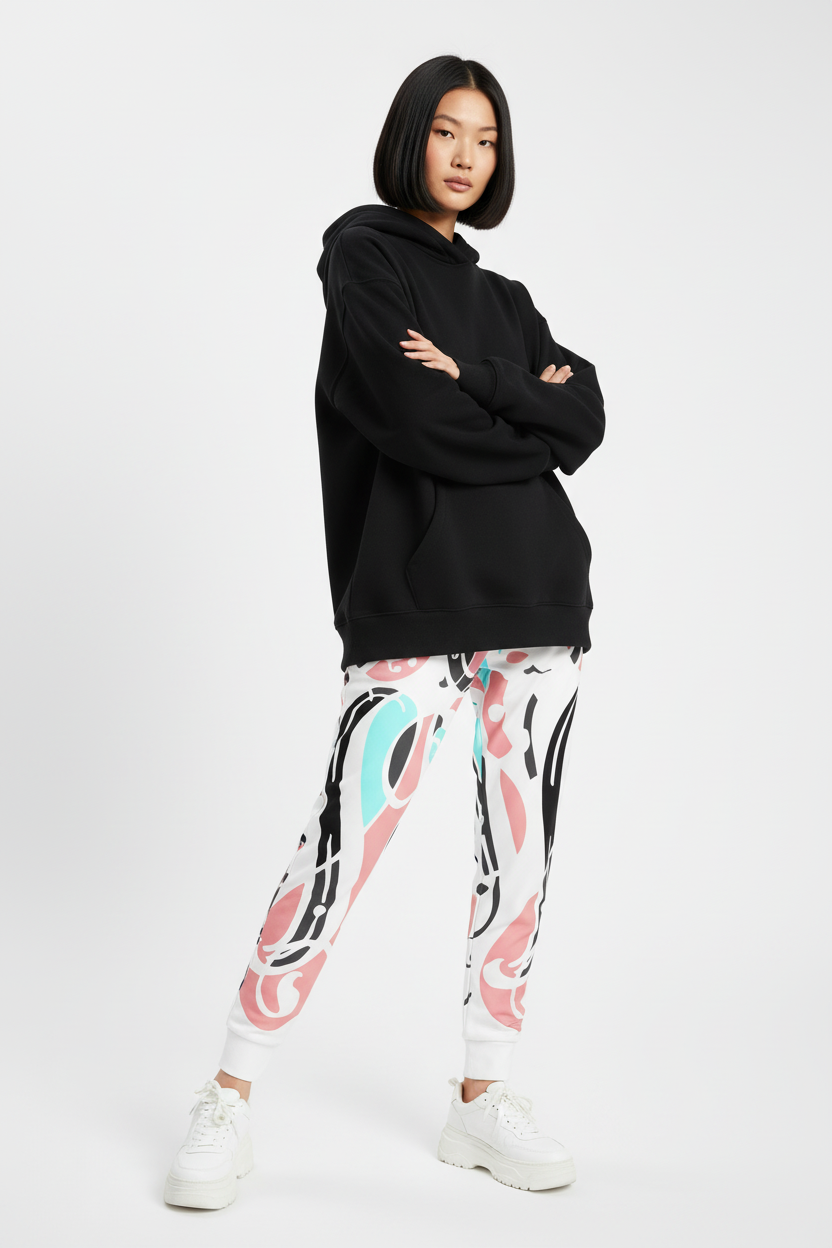Model wearing Abstract Chain Recycled Joggers with black hoodie