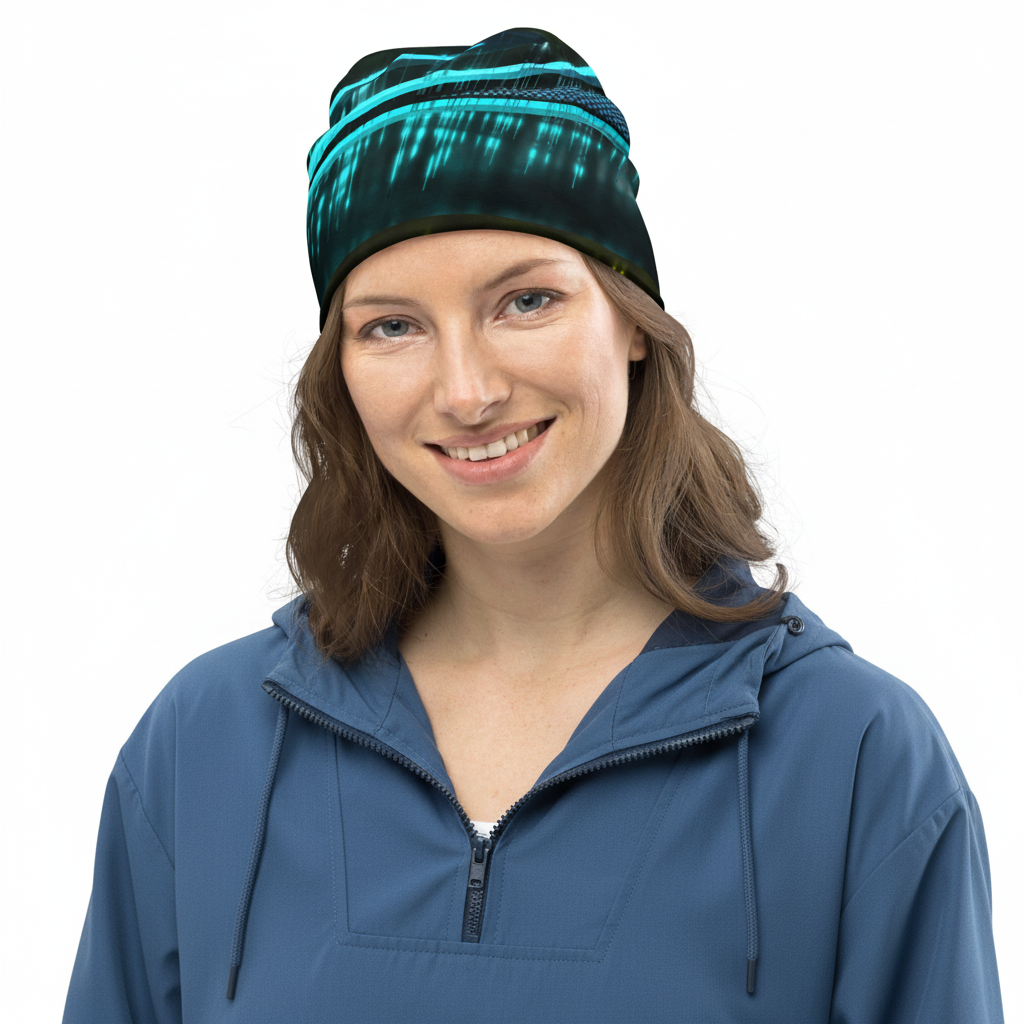 Female model wearing Surfxion turquoise wave print beanie - front view