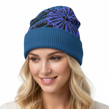 Blonde female model wearing Sweetly Autumn beanie - looking down