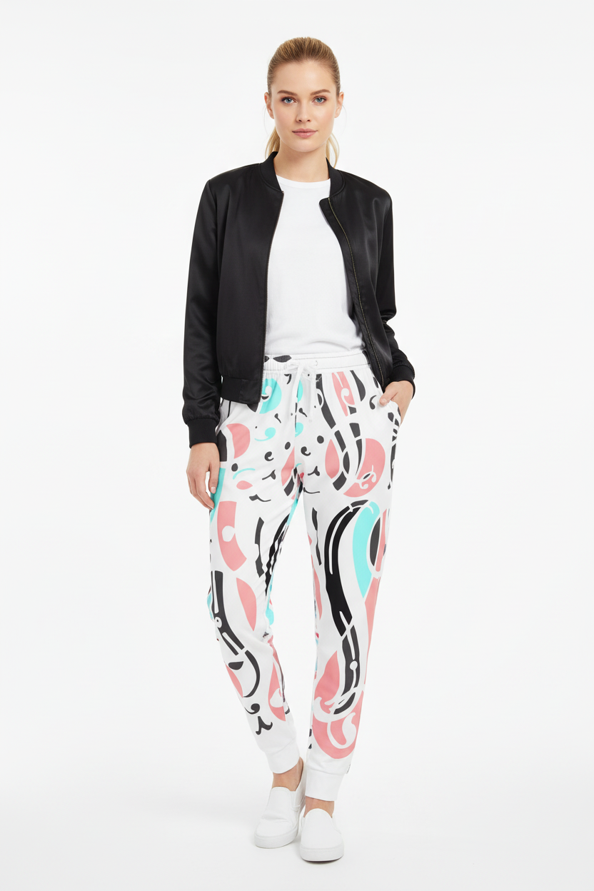 Model wearing Abstract Chain Recycled Joggers with black bomber jacket