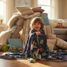 Kids playing fort with Space Explorer blanket