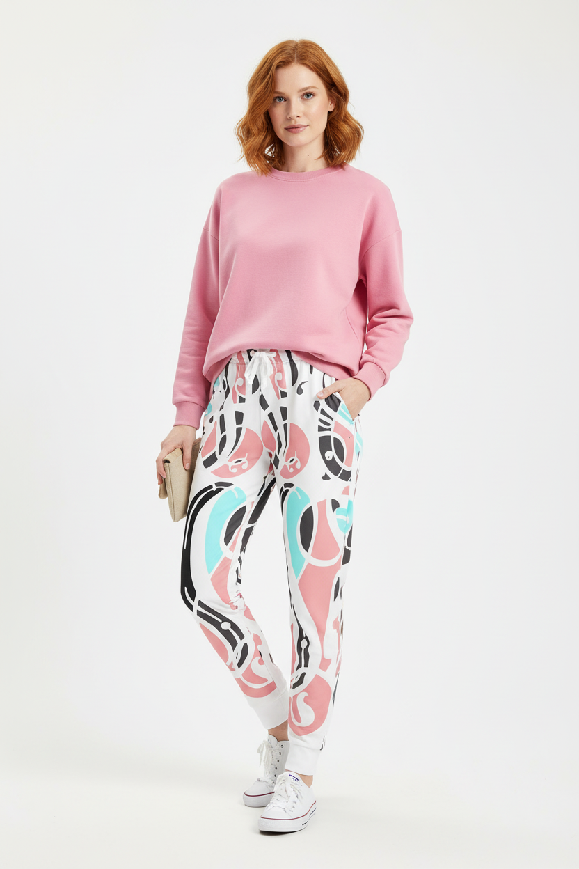 Model wearing Abstract Chain Recycled Joggers with pink sweatshirt