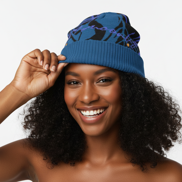 Black female model wearing Sweetly Autumn beanie - adjusting fit