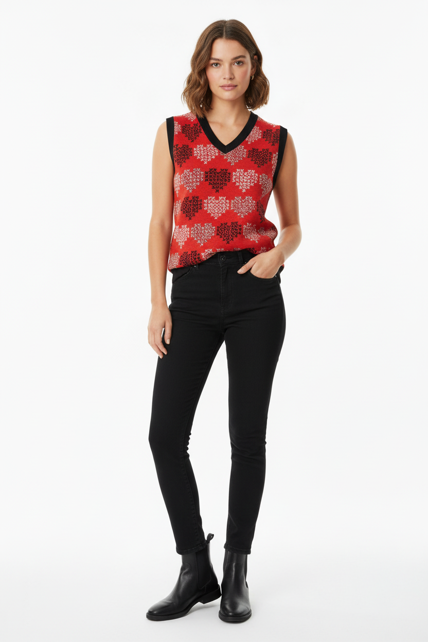 Bold hearts vest with black jeans for modern casual aesthetic