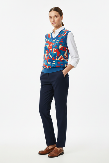 Geometric tribal vest layered over white shirt for smart-casual look