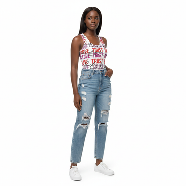 It's Complicated Tank Top with Distressed Jeans - Black Model