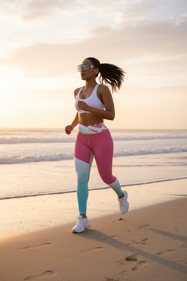 Latina model — sports bra, jogging shoreline