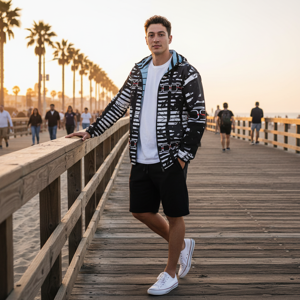 Latino male model beach boardwalk