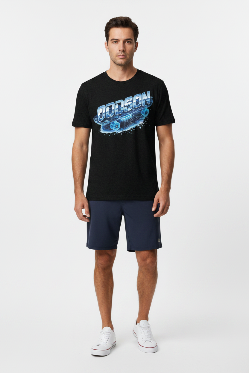 Look 1 — Solid Black + Boardshorts