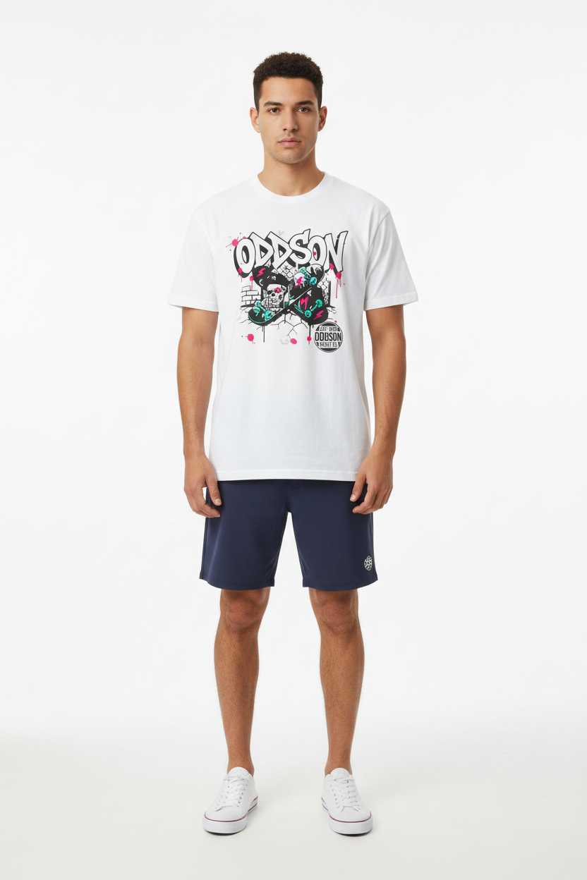 Look 1 — White Skate Punk + Boardshorts