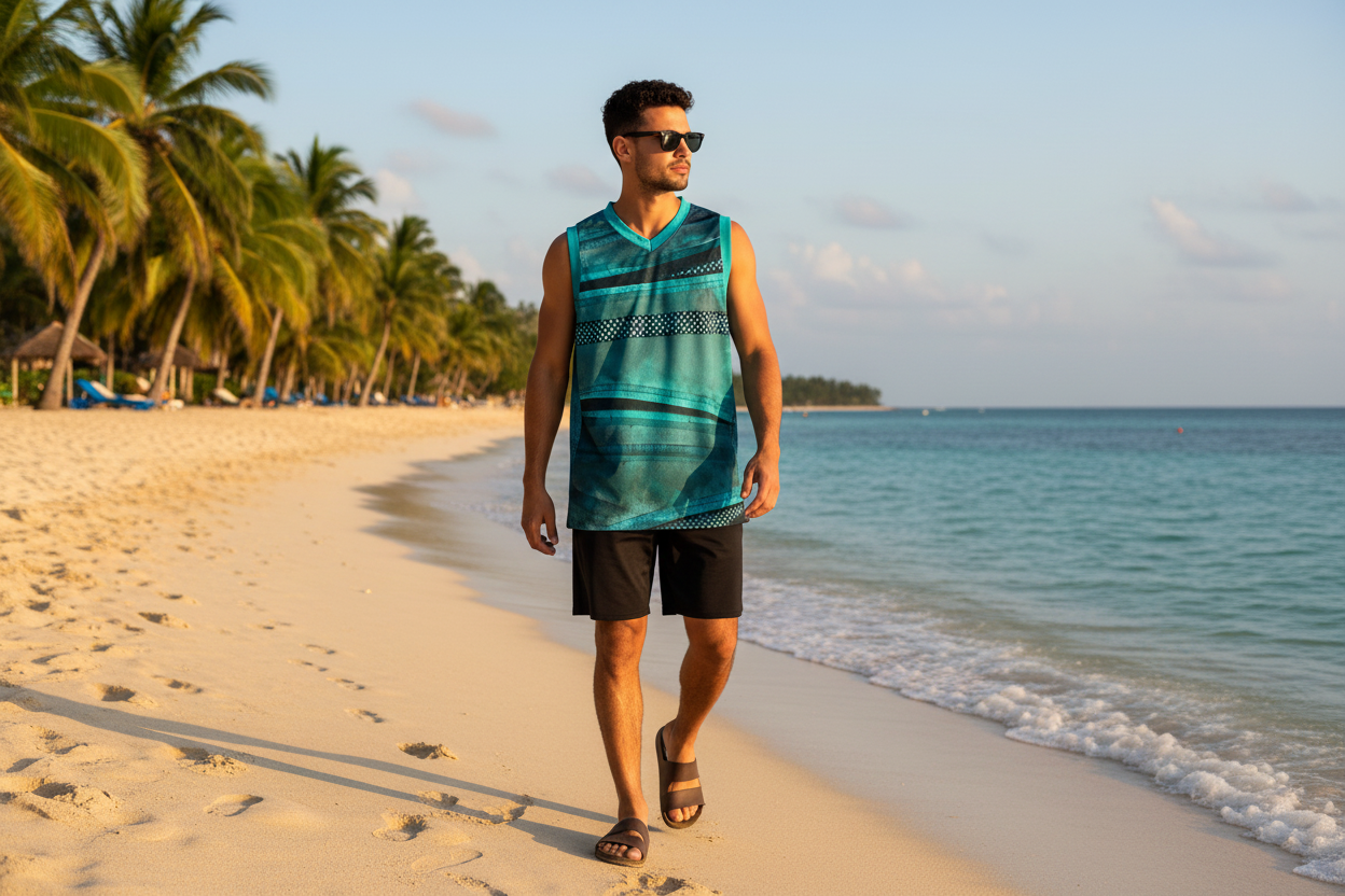 Look 10 – Board Shorts & Sandals