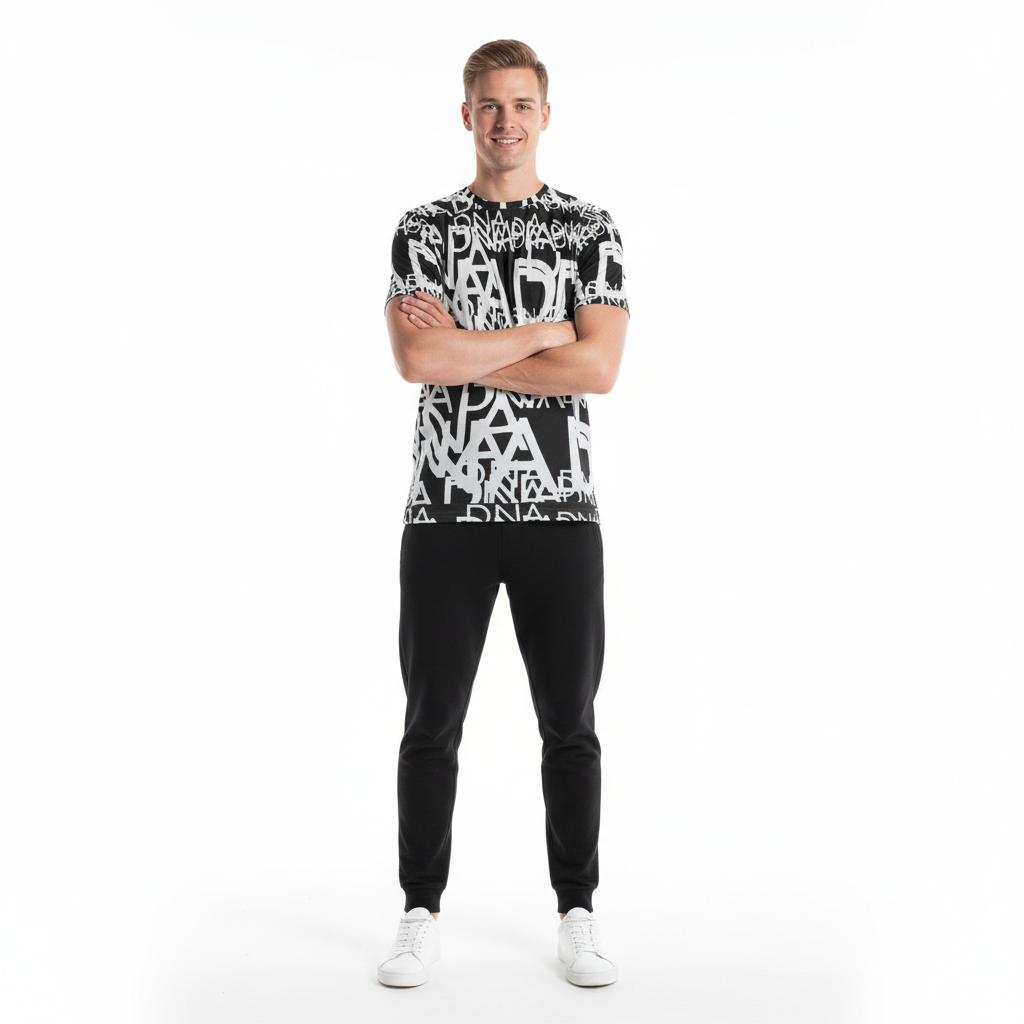 Look 2 - Black joggers, confident smile