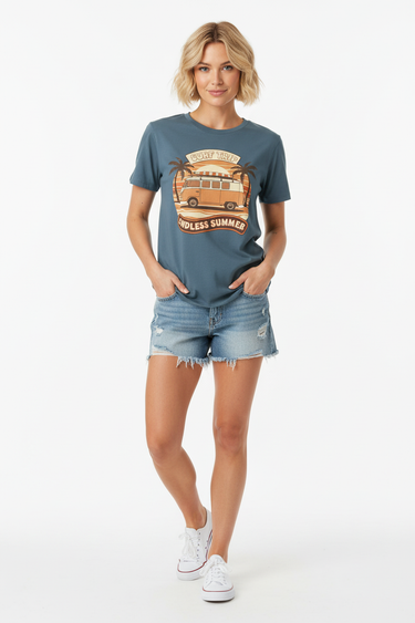 Look 2 - Deep teal tee, blonde model