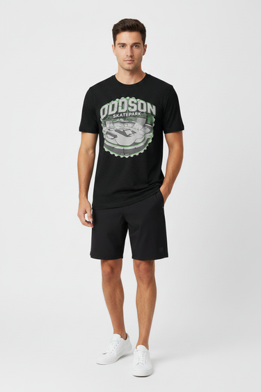 Look 5 — Black + Boardshorts