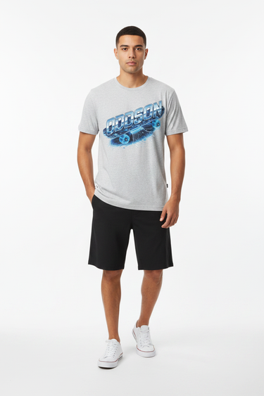 Look 5 — White Fleck + Boardshorts