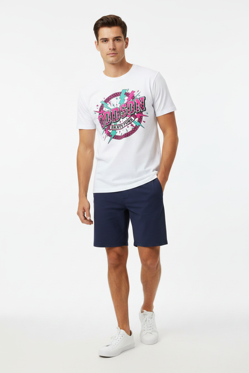 Look 7 — Solid White Blend + Boardshorts