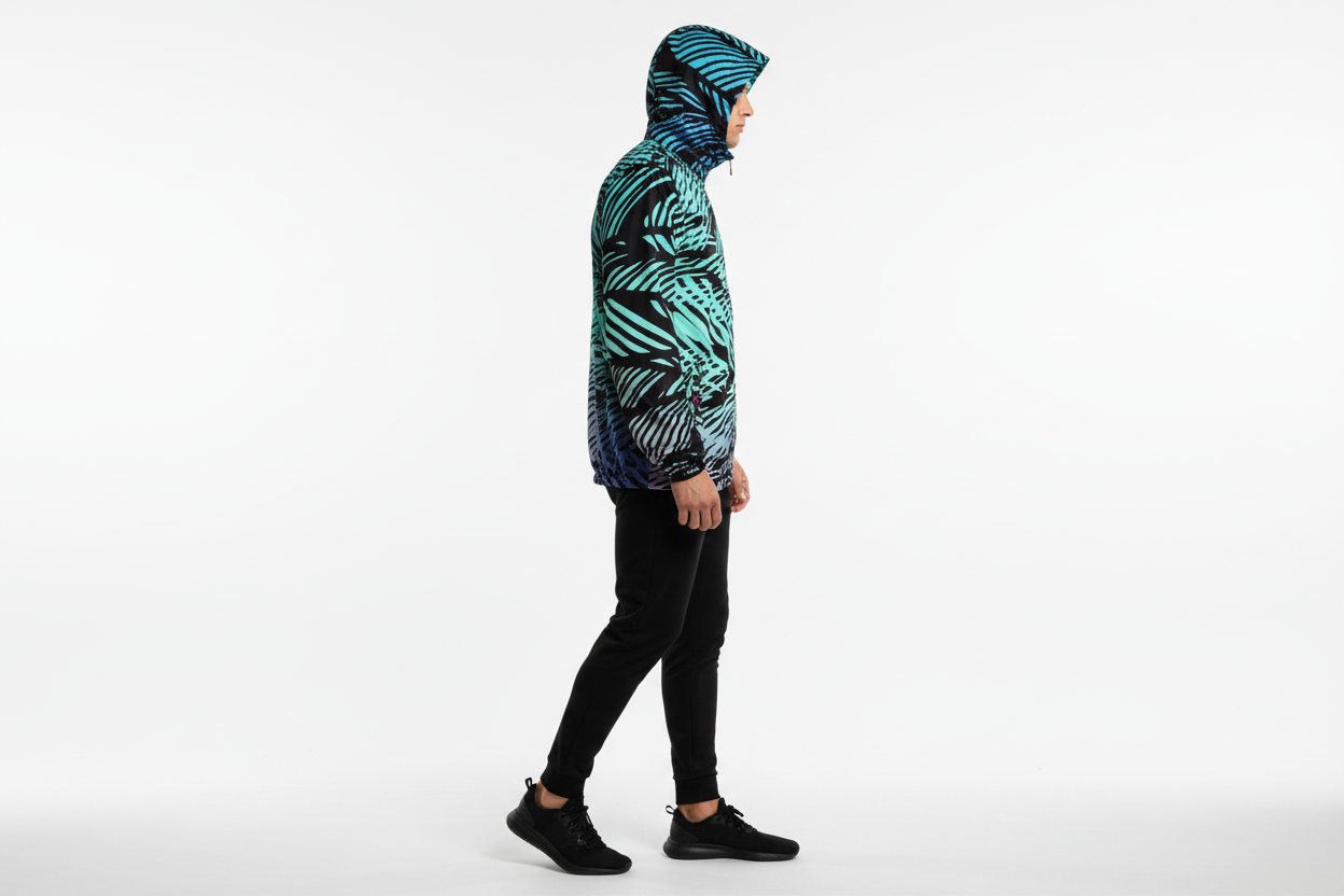 Male model hood up side view
