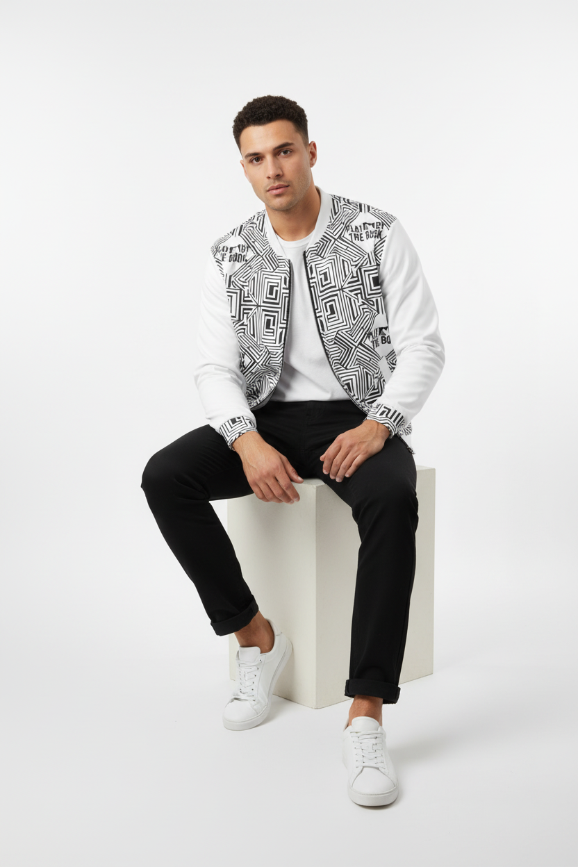 Male model in black chinos and white sneakers