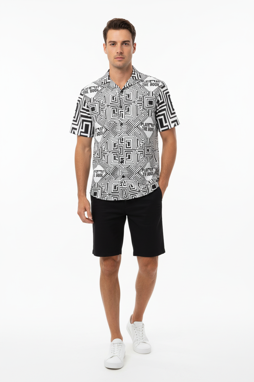 Male model in black shorts and white sneakers