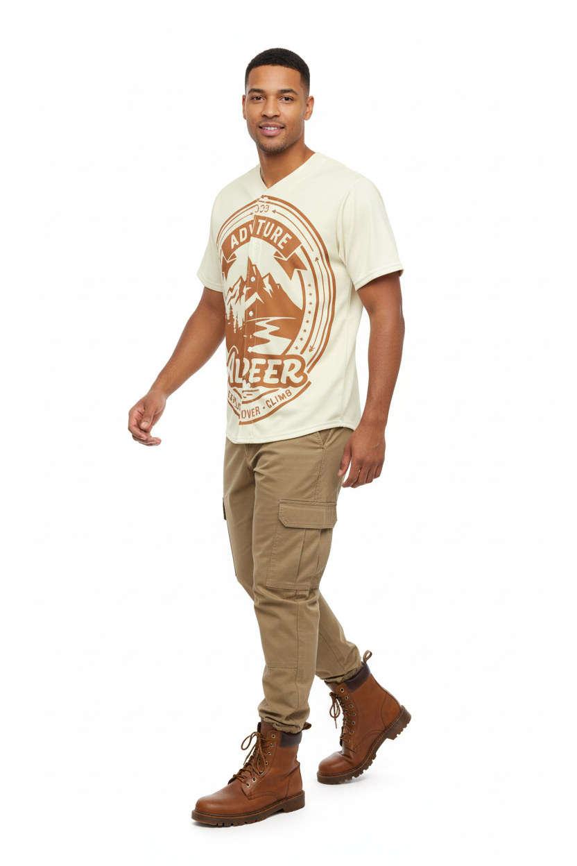 Male model in khaki cargo pants and brown boots