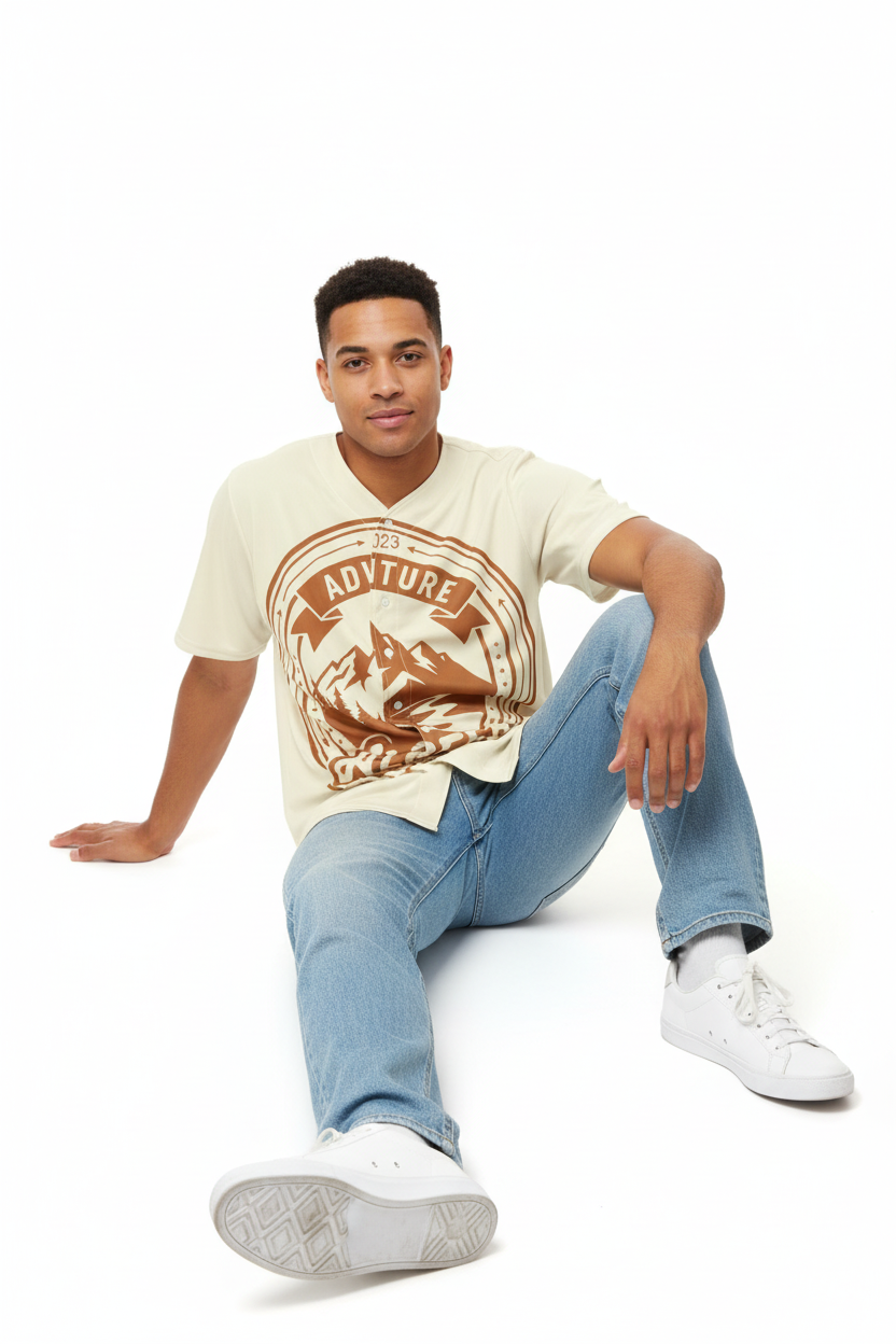 Male model in light wash jeans and white sneakers