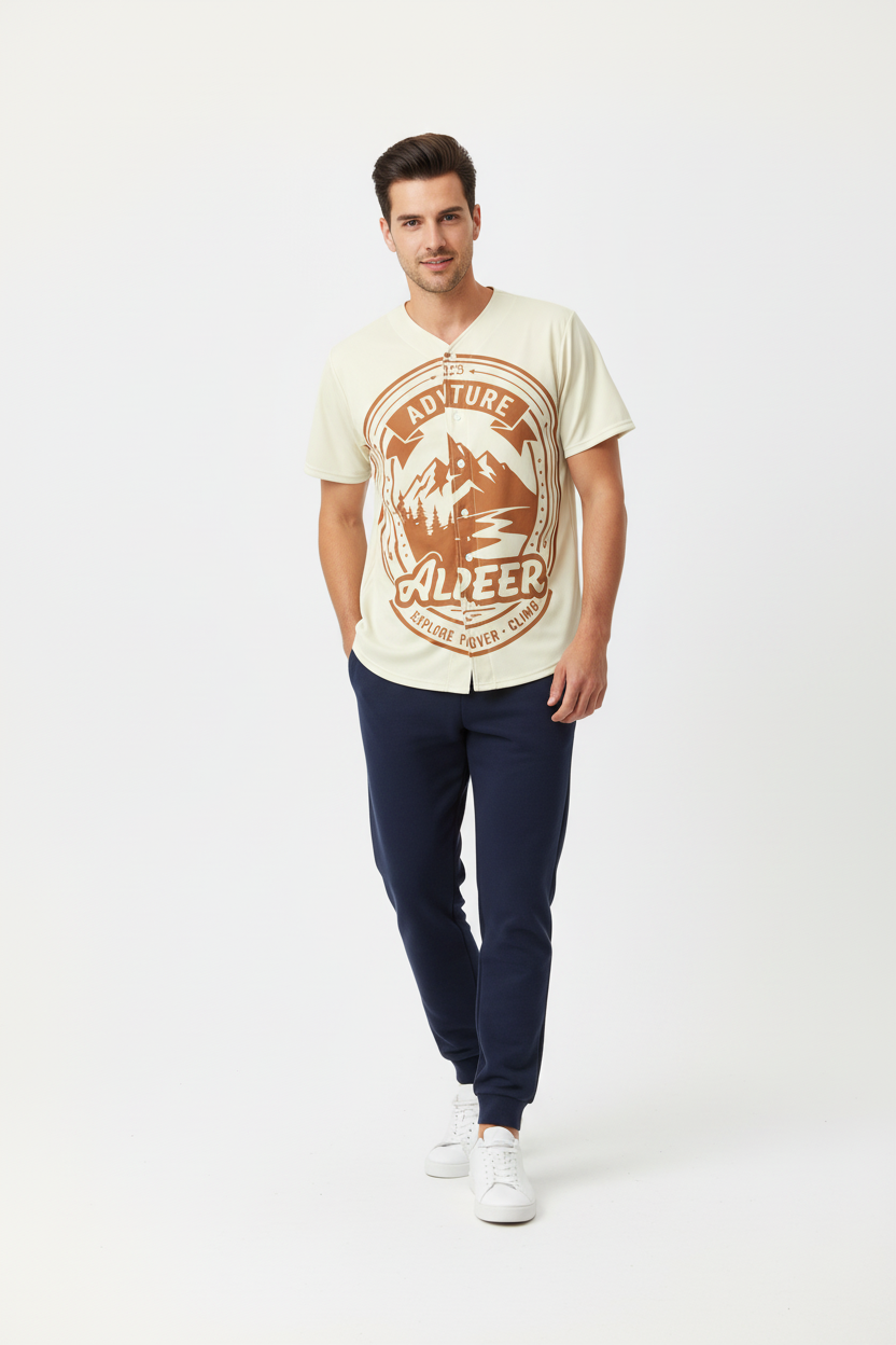 Male model in navy blue joggers and white sneakers