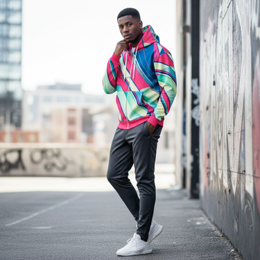 Male model in Retro Days hoodie with joggers