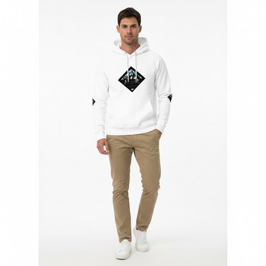 Male model in white Slalom hoodie with chinos