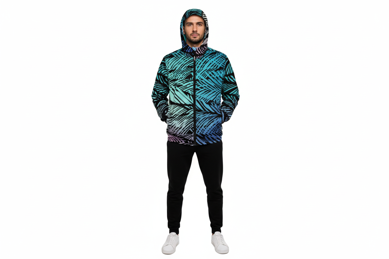 Male model with hood up