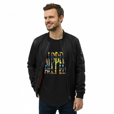 Man in black tee with bomber jacket