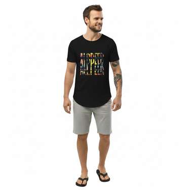 Man in black tee with shorts