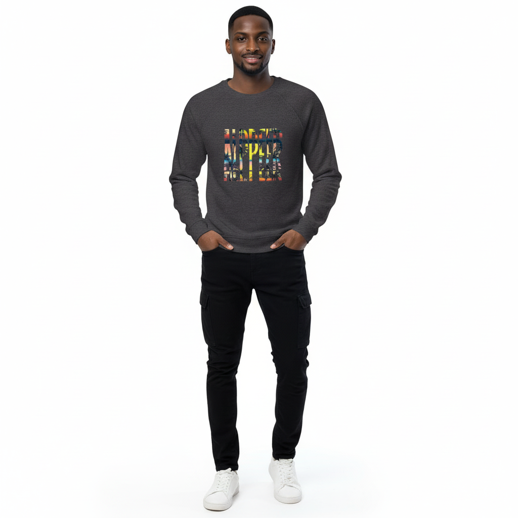 Man in charcoal sweatshirt with jeans