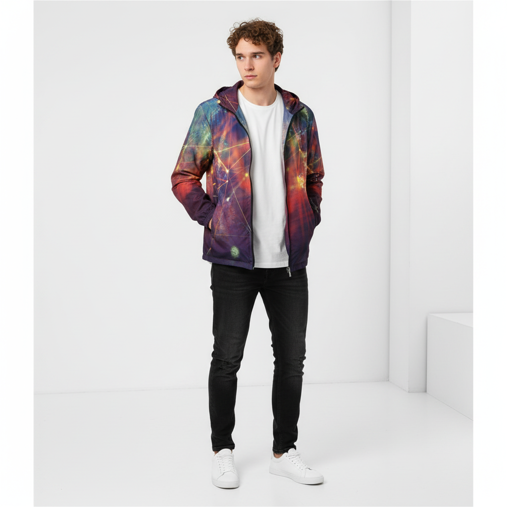 Man in galaxy windbreaker with jeans