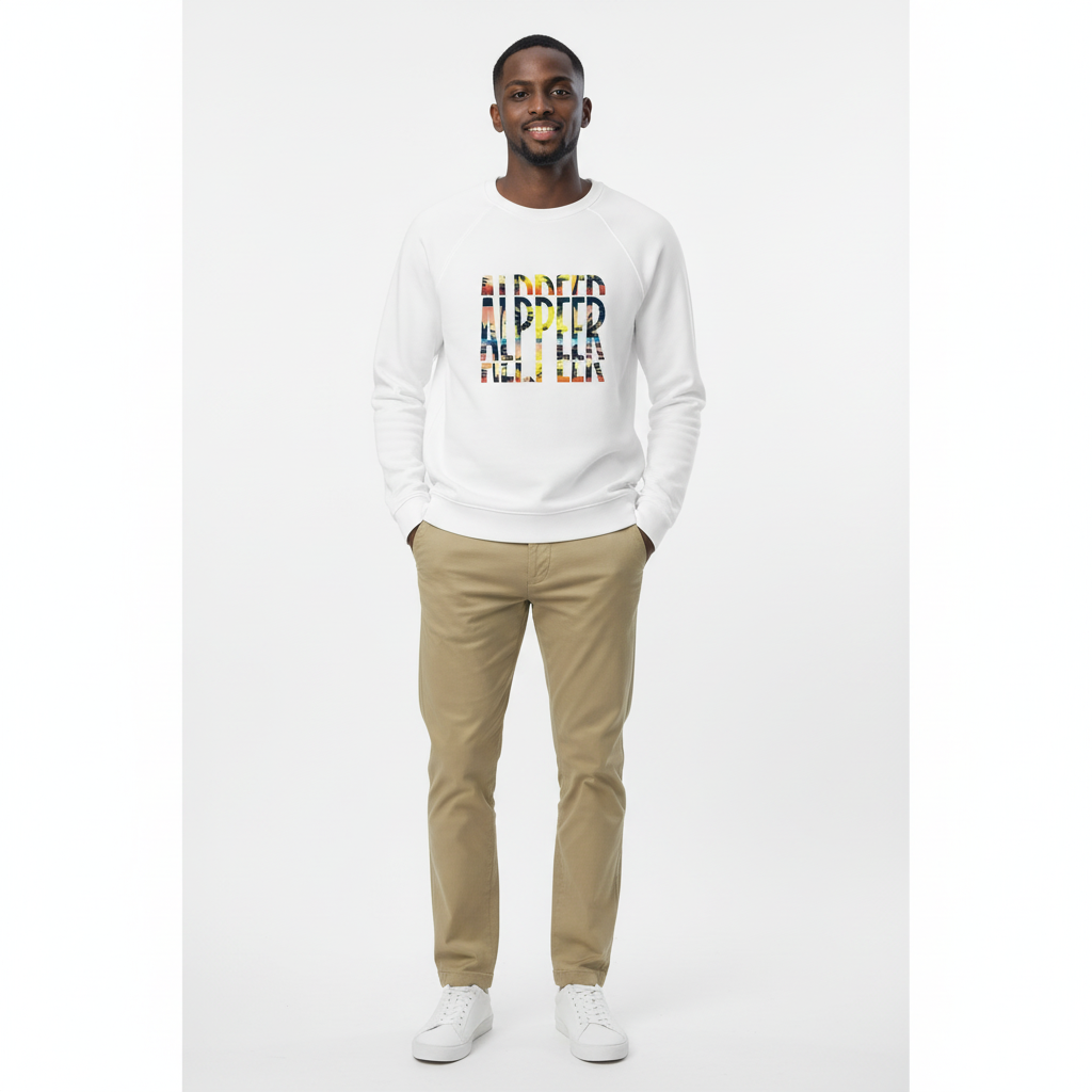Man in white sweatshirt with chinos