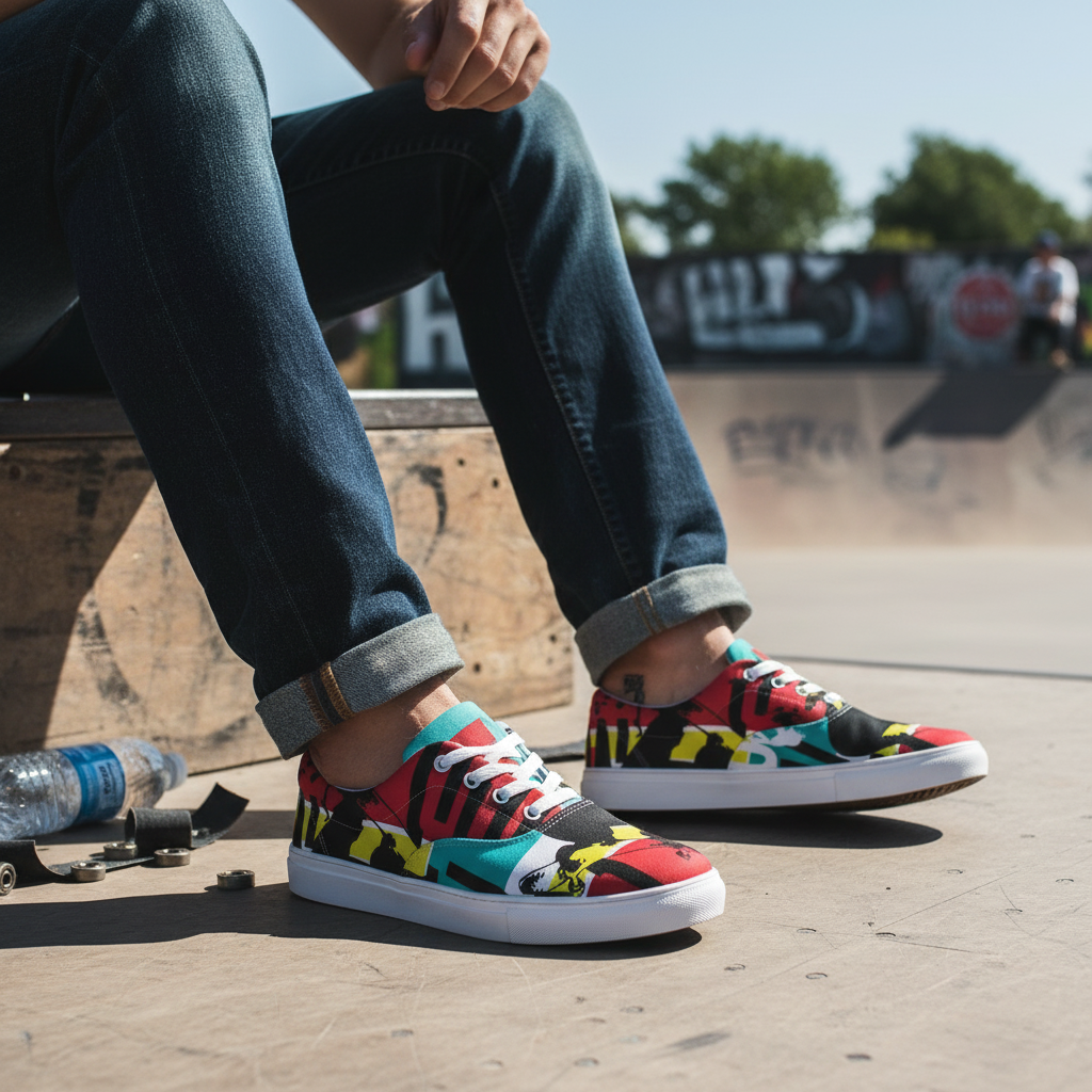Man wearing colorful lace-ups on skateboard ramp with denim